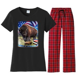 American Bison USA Flag Buffalo Women's Flannel Pajama Set