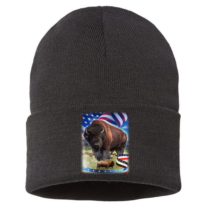 American Bison USA Flag Buffalo Sustainable Knit Beanie