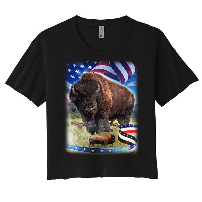 American Bison USA Flag Buffalo Women's Crop Top Tee