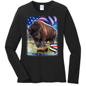 American Bison USA Flag Buffalo Ladies Long Sleeve Shirt