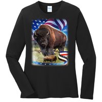 American Bison USA Flag Buffalo Ladies Long Sleeve Shirt