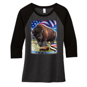 American Bison USA Flag Buffalo Women's Tri-Blend 3/4-Sleeve Raglan Shirt