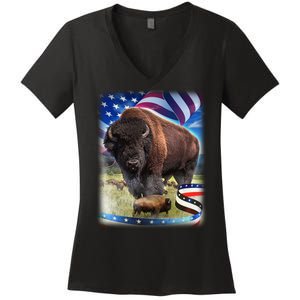 American Bison USA Flag Buffalo Women's V-Neck T-Shirt