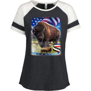 American Bison USA Flag Buffalo Enza Ladies Jersey Colorblock Tee