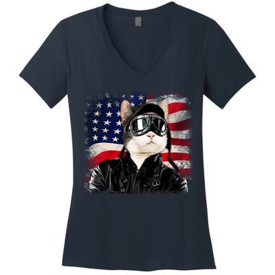 American Cat Air Force Pilot  Women's V-Neck T-Shirt