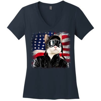 American Cat Air Force Pilot  Women's V-Neck T-Shirt