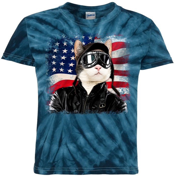 American Cat Air Force Pilot  Kids Tie-Dye T-Shirt