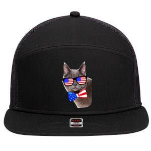 American Cat With USA Glasses And Bow Tie 7 Panel Mesh Trucker Snapback Hat