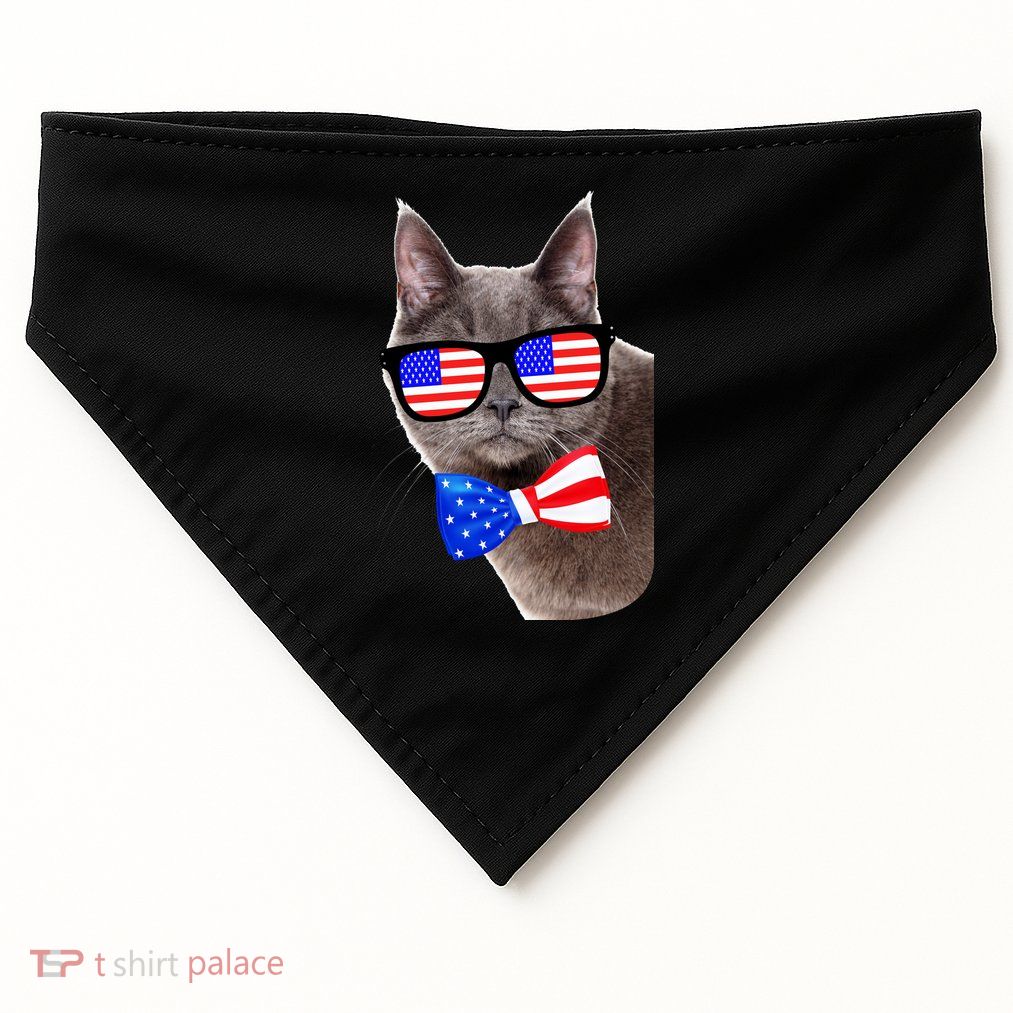 American Cat With USA Glasses And Bow Tie USA-Made Doggie Bandana