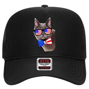 American Cat With USA Glasses And Bow Tie High Crown Mesh Back Trucker Hat