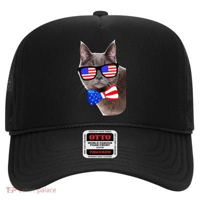 American Cat With USA Glasses And Bow Tie High Crown Mesh Back Trucker Hat
