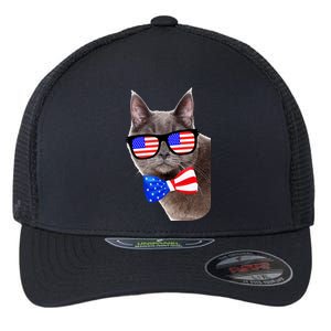 American Cat With USA Glasses And Bow Tie Flexfit Unipanel Trucker Cap