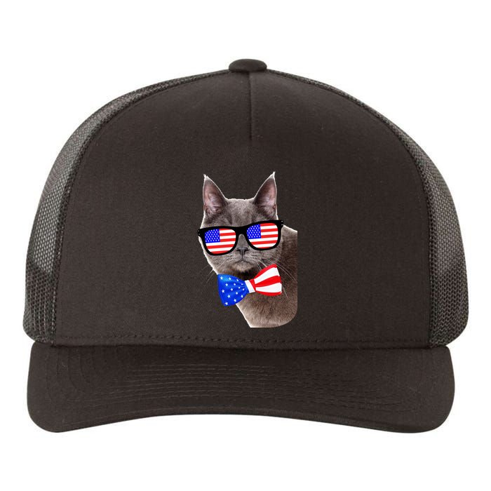 American Cat With USA Glasses And Bow Tie Yupoong Adult 5-Panel Trucker Hat