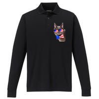 American Cat With USA Glasses And Bow Tie Performance Long Sleeve Polo