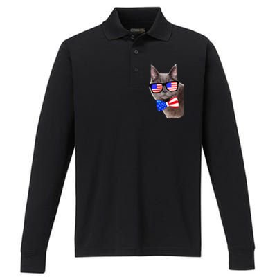 American Cat With USA Glasses And Bow Tie Performance Long Sleeve Polo