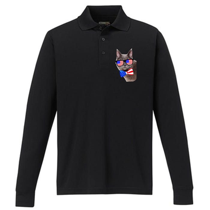 American Cat With USA Glasses And Bow Tie Performance Long Sleeve Polo