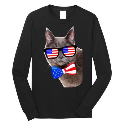 American Cat With USA Glasses And Bow Tie Long Sleeve Shirt