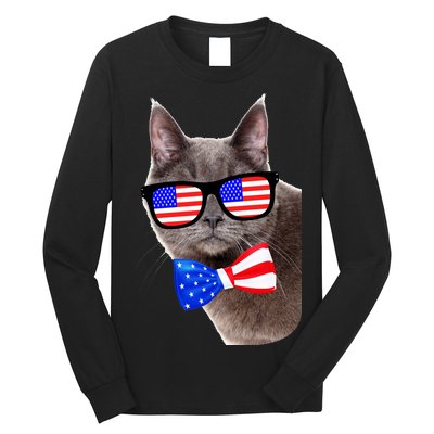 American Cat With USA Glasses And Bow Tie Long Sleeve Shirt