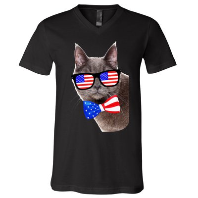American Cat With USA Glasses And Bow Tie V-Neck T-Shirt