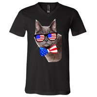 American Cat With USA Glasses And Bow Tie V-Neck T-Shirt