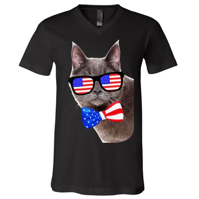 American Cat With USA Glasses And Bow Tie V-Neck T-Shirt