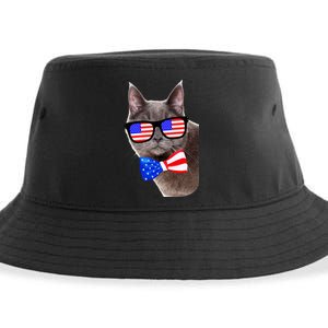 American Cat With USA Glasses And Bow Tie Sustainable Bucket Hat