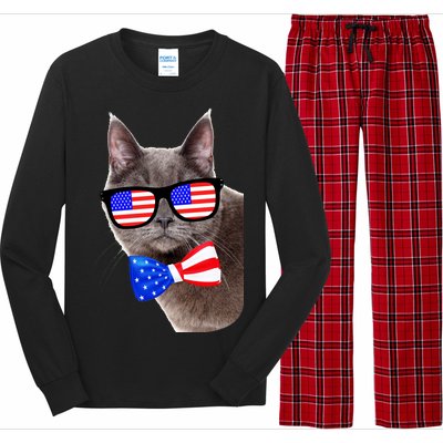 American Cat With USA Glasses And Bow Tie Long Sleeve Pajama Set