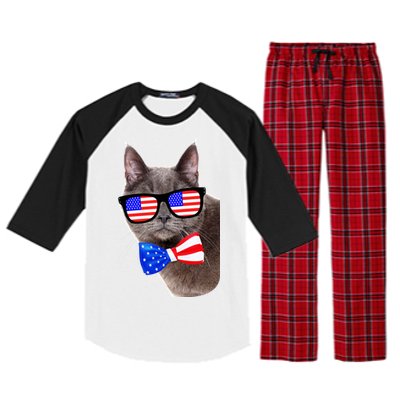 American Cat With USA Glasses And Bow Tie Raglan Sleeve Pajama Set