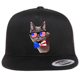 American Cat With USA Glasses And Bow Tie Flat Bill Trucker Hat