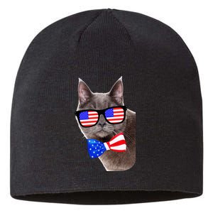 American Cat With USA Glasses And Bow Tie Sustainable Beanie