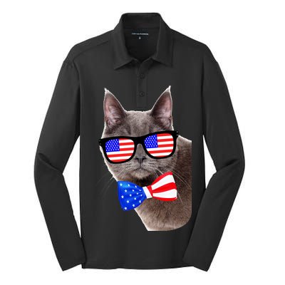 American Cat With USA Glasses And Bow Tie Silk Touch Performance Long Sleeve Polo