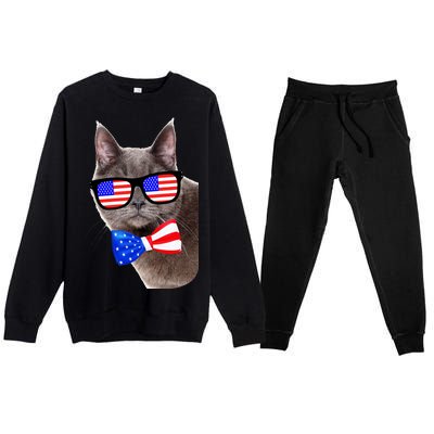 American Cat With USA Glasses And Bow Tie Premium Crewneck Sweatsuit Set