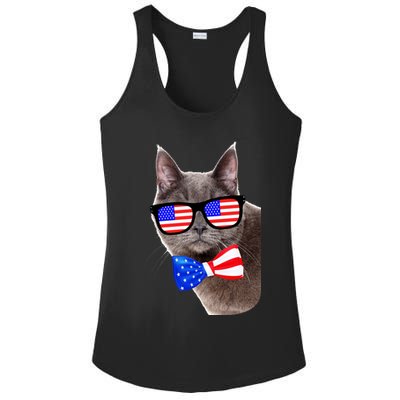 American Cat With USA Glasses And Bow Tie Ladies PosiCharge Competitor Racerback Tank