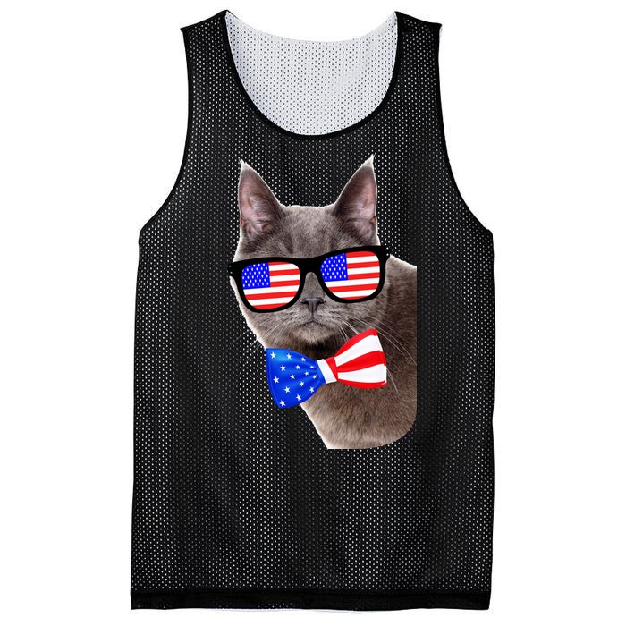 American Cat With USA Glasses And Bow Tie Mesh Reversible Basketball Jersey Tank