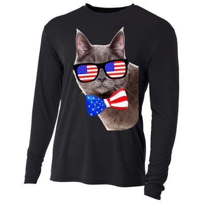 American Cat With USA Glasses And Bow Tie Cooling Performance Long Sleeve Crew