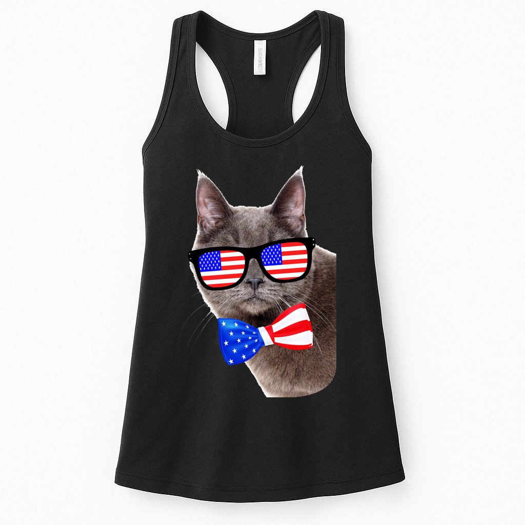 American Cat With USA Glasses And Bow Tie Womens Tank Top
