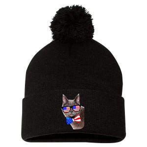 American Cat With USA Glasses And Bow Tie Pom Pom 12in Knit Beanie