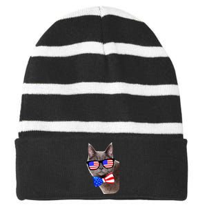 American Cat With USA Glasses And Bow Tie Striped Beanie with Solid Band