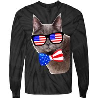 American Cat With USA Glasses And Bow Tie Tie-Dye Long Sleeve Shirt