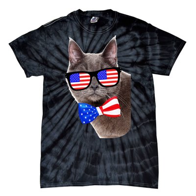 American Cat With USA Glasses And Bow Tie Tie-Dye T-Shirt