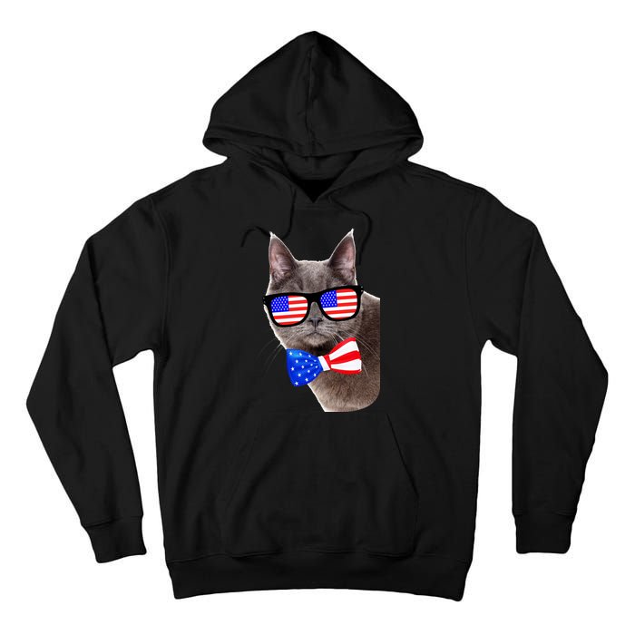 American Cat With USA Glasses And Bow Tie Tall Hoodie