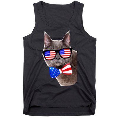 American Cat With USA Glasses And Bow Tie Tank Top