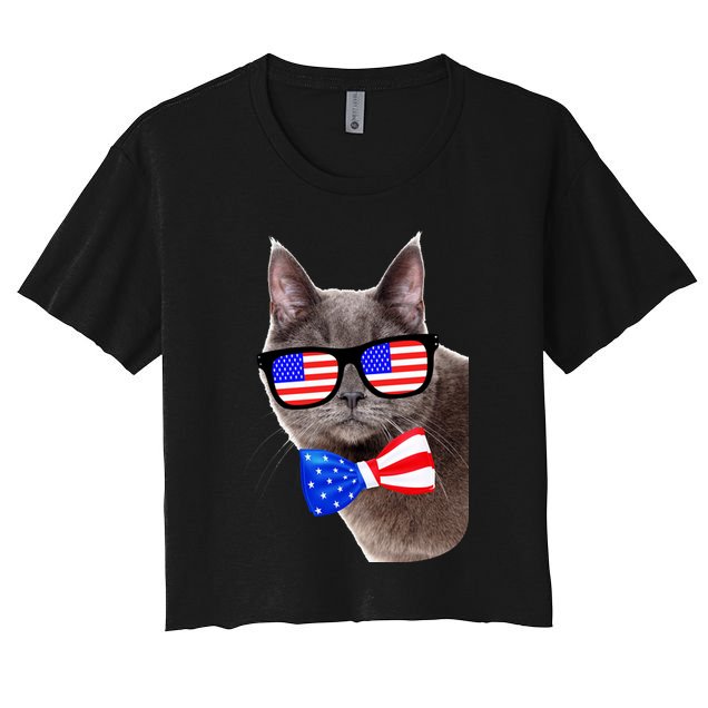 American Cat With USA Glasses And Bow Tie Crop Top