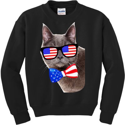 American Cat With USA Glasses And Bow Tie Kids Sweatshirt