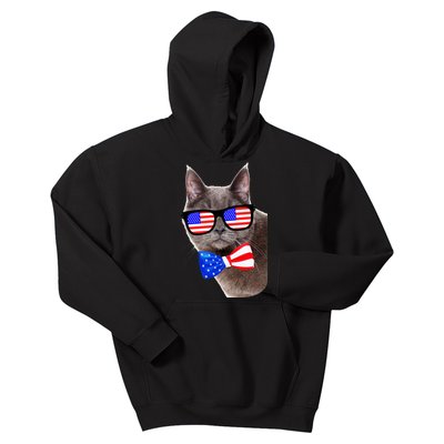 American Cat With USA Glasses And Bow Tie Kids Hoodie