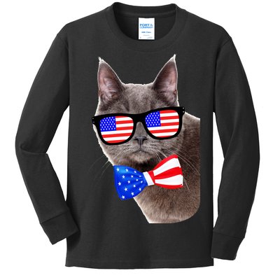 American Cat With USA Glasses And Bow Tie Kids Long Sleeve Shirt