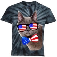 American Cat With USA Glasses And Bow Tie Kids Tie-Dye T-Shirt