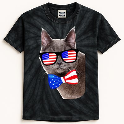 American Cat With USA Glasses And Bow Tie Kids Tie-Dye T-Shirt