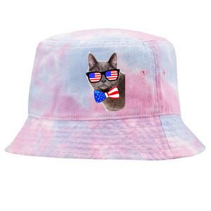 American Cat With USA Glasses And Bow Tie Tie-Dyed Bucket Hat