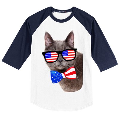 American Cat With USA Glasses And Bow Tie Baseball Sleeve Shirt